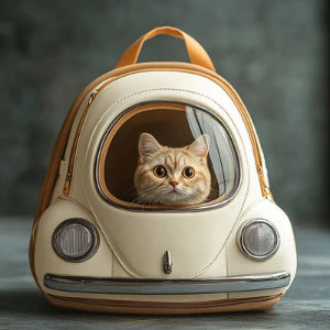 Cat inside a backpack designed to look like a vintage car on a gray background